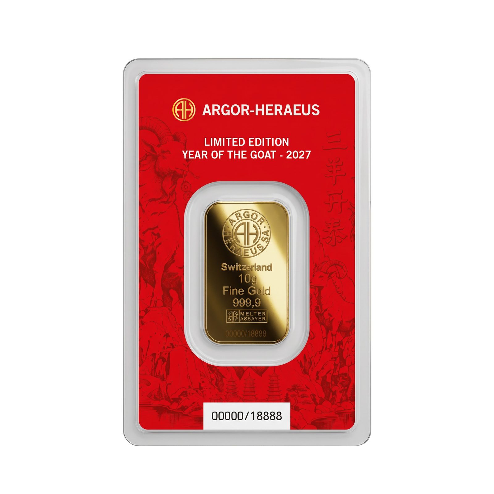 10g 2027 Argor Heraeus Lunar Goat Gold Bar image 2