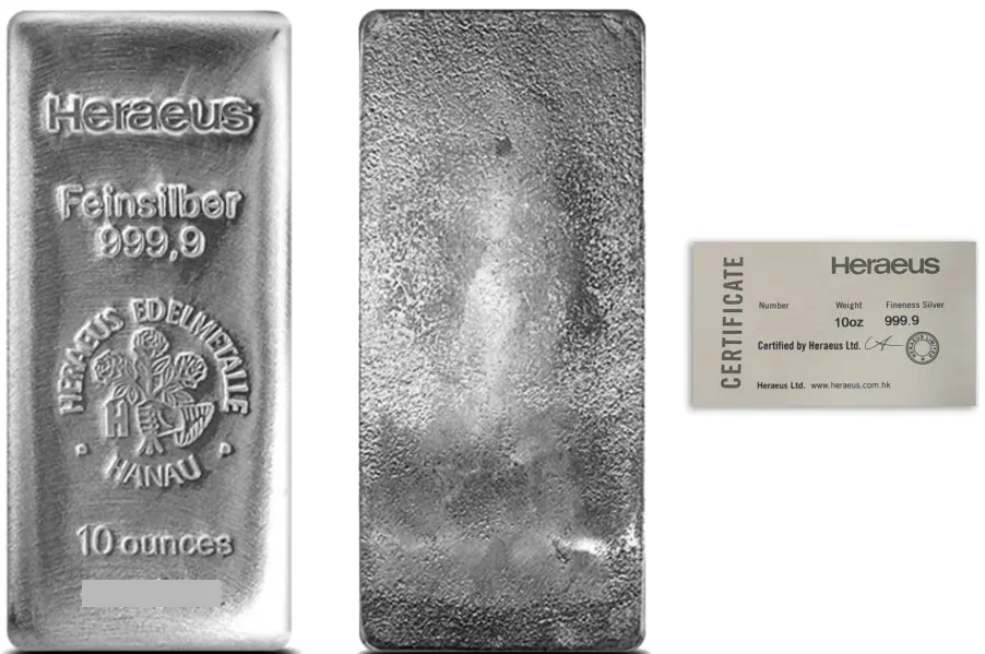 10oz Heraeus Silver Cast Bar