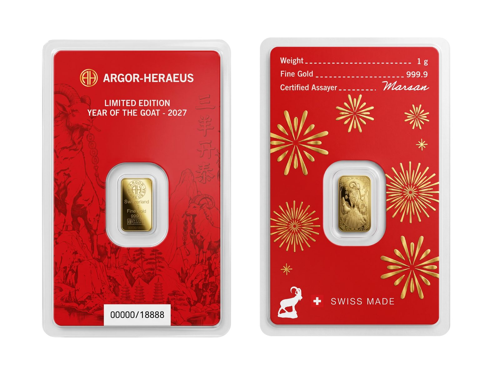 1g 2027 Argor Heraeus Lunar Goat Gold Bar
